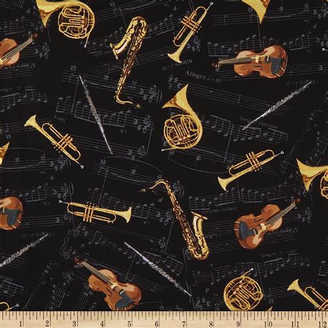 Timeless Treasures Metallic Orchestra Instruments Black, Fabric 